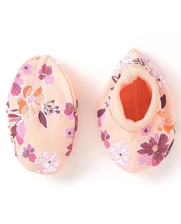 Babyhug 100% Cotton Knit Flower Printed Cap Mittens & Booties Set- Peach