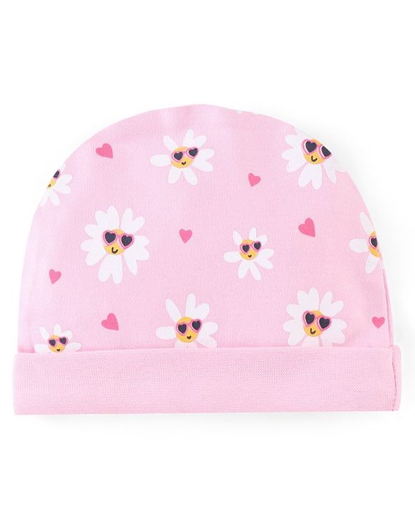 Babyhug 100% Cotton Cap Mittens And Booties Floral Print Pink - Diameter 9.5 cm
