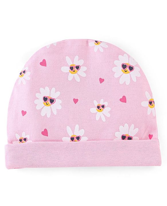 Babyhug 100% Cotton Cap Mittens And Booties Floral Print Pink - Diameter 9.5 cm