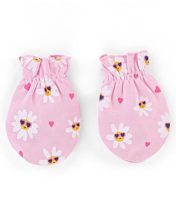 Babyhug 100% Cotton Cap Mittens And Booties Floral Print Pink - Diameter 9.5 cm