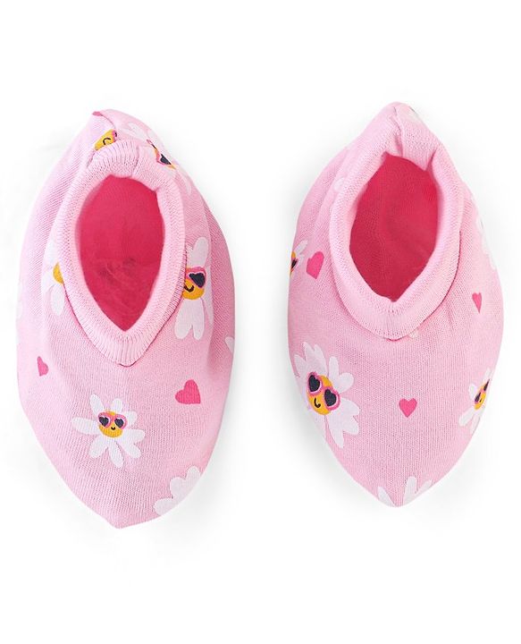 Babyhug 100% Cotton Cap Mittens And Booties Floral Print Pink - Diameter 9.5 cm