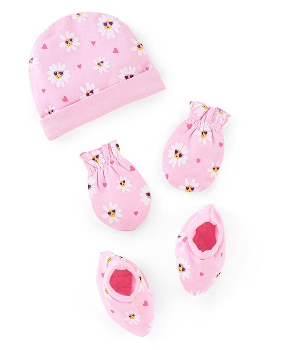 Babyhug 100% Cotton Cap Mittens And Booties Floral Print Pink - Diameter 9.5 cm