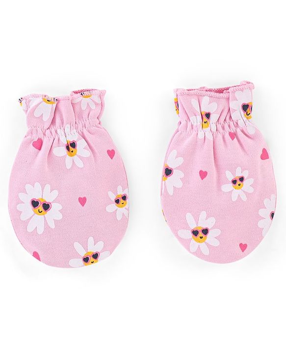 Babyhug 100% Cotton Cap Mittens And Booties Floral Print Pink - Diameter 9.5 cm