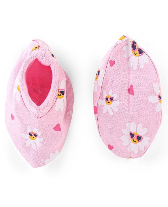 Babyhug 100% Cotton Cap Mittens And Booties Floral Print Pink - Diameter 9.5 cm