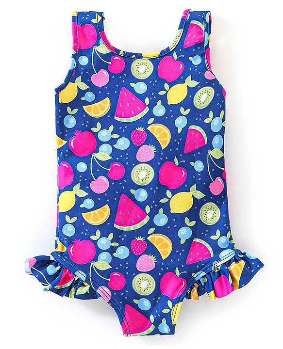 Babyhug Sleeveless V Cut Swimsuit Apple Print - Navy Blue
