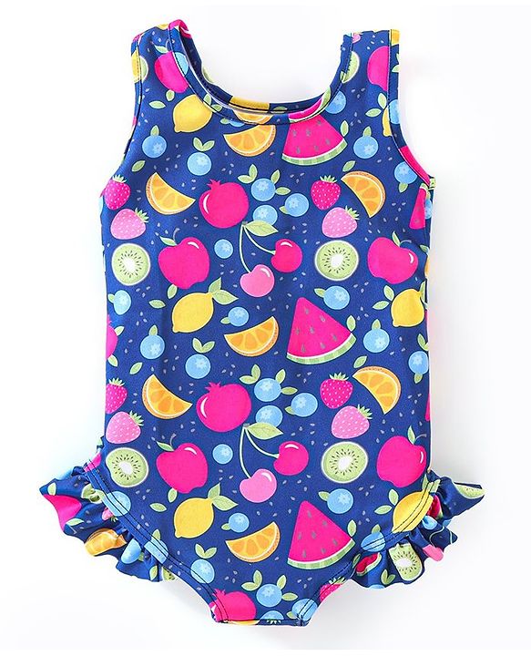 Babyhug Sleeveless V Cut Swimsuit Apple Print - Navy Blue