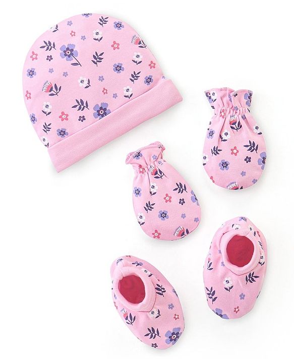 Babyhug 100% Cotton Cap Mittens & Booties Floral Print- Pink