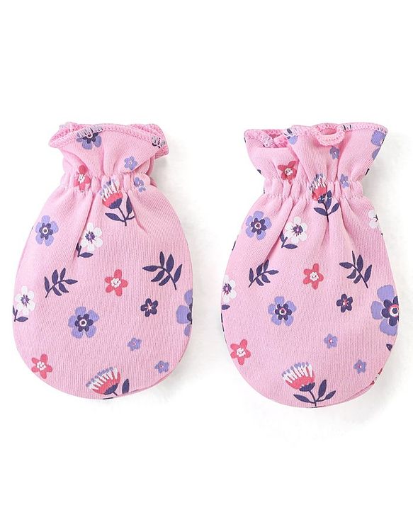 Babyhug 100% Cotton Cap Mittens & Booties Floral Print- Pink