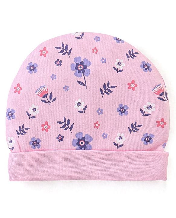 Babyhug 100% Cotton Cap Mittens & Booties Floral Print- Pink