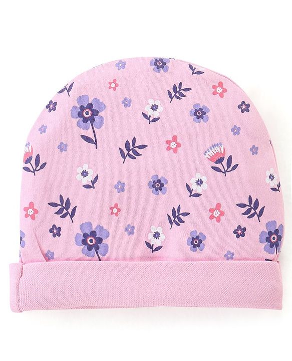 Babyhug 100% Cotton Cap Mittens & Booties Floral Print- Pink