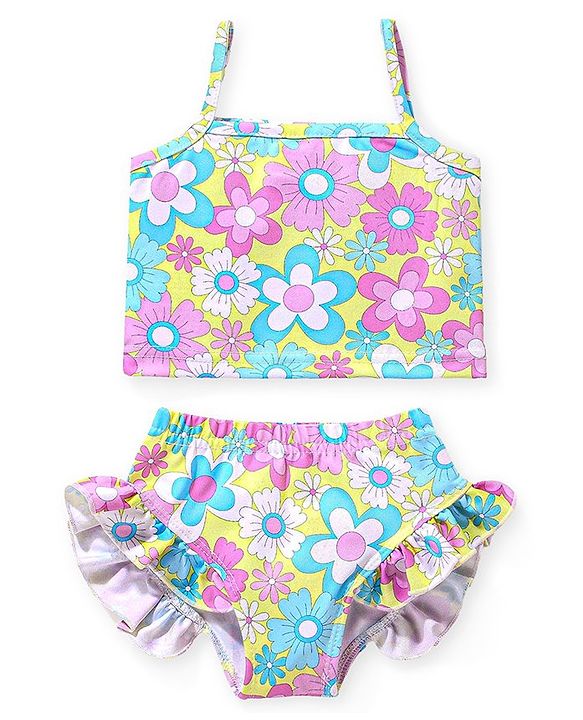 Babyhug Sleeveless Two Piece Swimsuit Floral  Print - Yellow & Pink