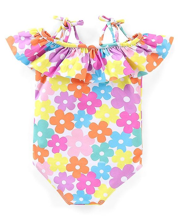 Babyhug Sleeveless V Cut Swimsuit Floral Print - Multicolor