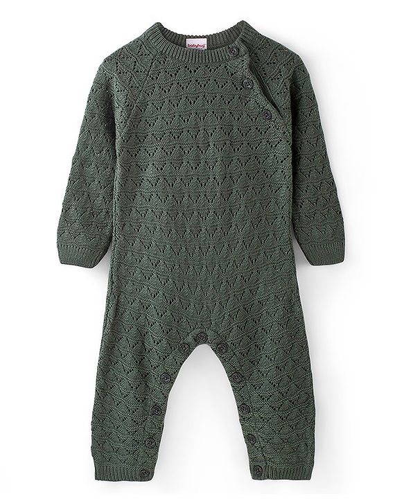 Babyhug Knit Full Sleeves Winterwear Romper - Olive Green