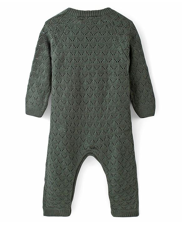 Babyhug Knit Full Sleeves Winterwear Romper - Olive Green