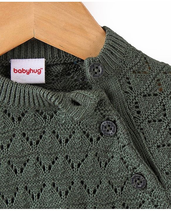 Babyhug Knit Full Sleeves Winterwear Romper - Olive Green