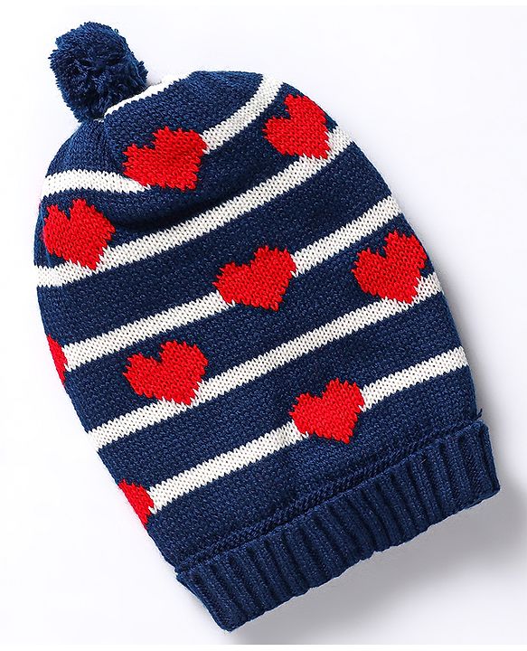 Babyhug Knit Heart Design Woollen Cap - Navy Blue