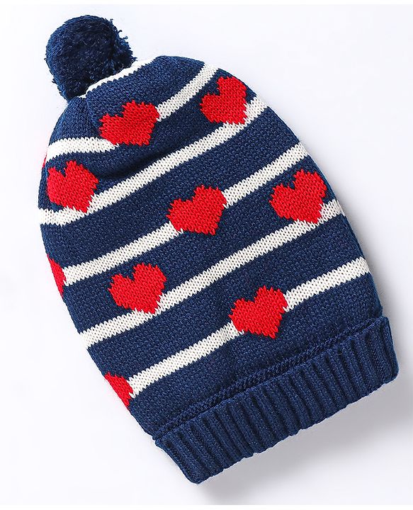 Babyhug Knit Heart Design Woollen Cap - Navy Blue