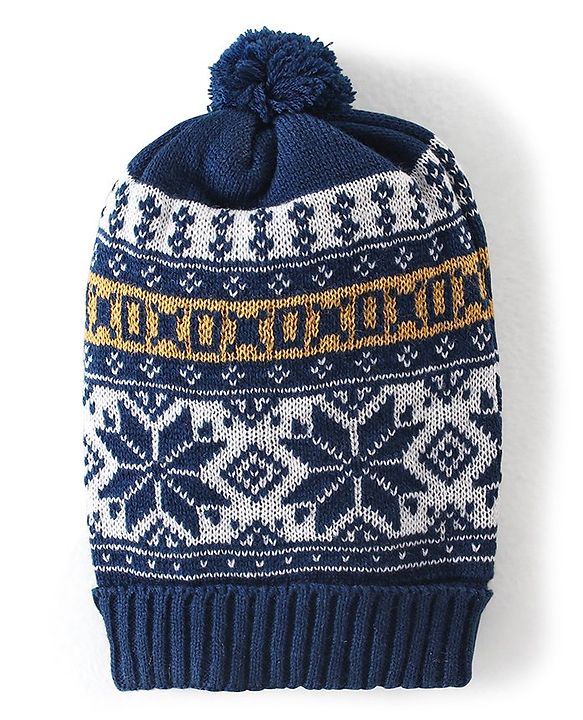 Babyhug Pom Pom Woollen Cap - White & Navy Blue