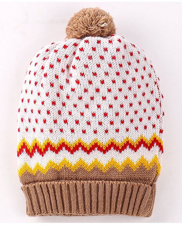 Babyhug Woollen Caps with Pompom & Polka Dot Design White - Diameter 10 cm