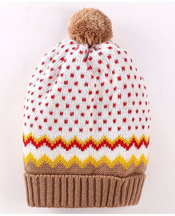 Babyhug Woollen Caps with Pompom & Polka Dot Design White - Diameter 10 cm
