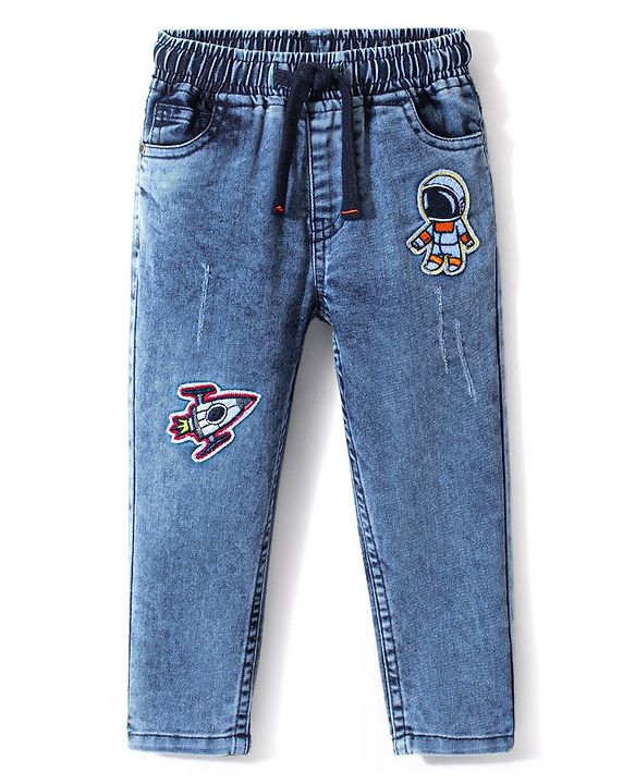 Babyhug Cotton Denim Full Length Stretchable Joggers Space Theme Embroidery - Blue