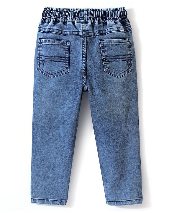 Babyhug Cotton Denim Full Length Stretchable Joggers Space Theme Embroidery - Blue