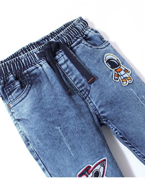 Babyhug Cotton Denim Full Length Stretchable Joggers Space Theme Embroidery - Blue