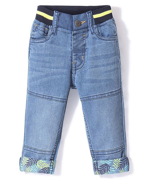 Babyhug Cotton Full Length Denim with Stretch Jeans Leafs Print   Fly With Zipper -  Blue
