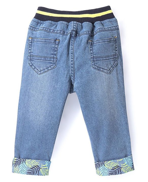 Babyhug Cotton Full Length Denim with Stretch Jeans Leafs Print   Fly With Zipper -  Blue
