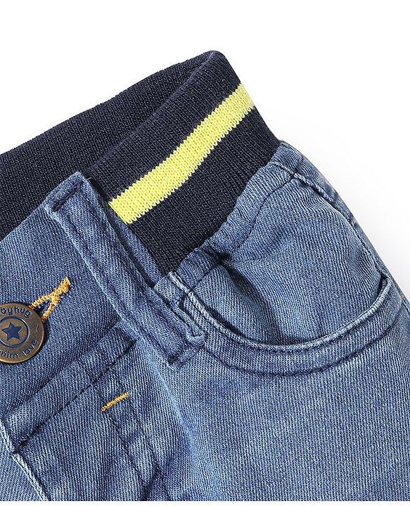 Babyhug Cotton Full Length Denim with Stretch Jeans Leafs Print   Fly With Zipper -  Blue