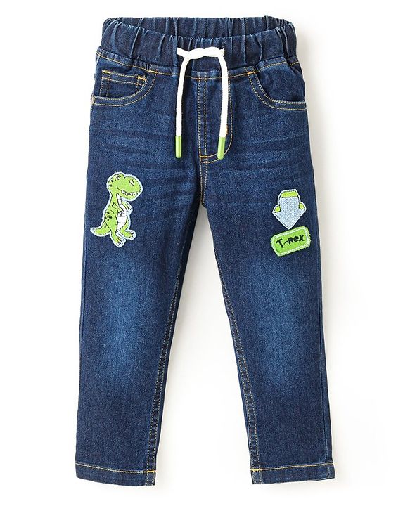 Babyhug Denim Full Length Washed Stretch Jeans Dino Embroidery - Blue