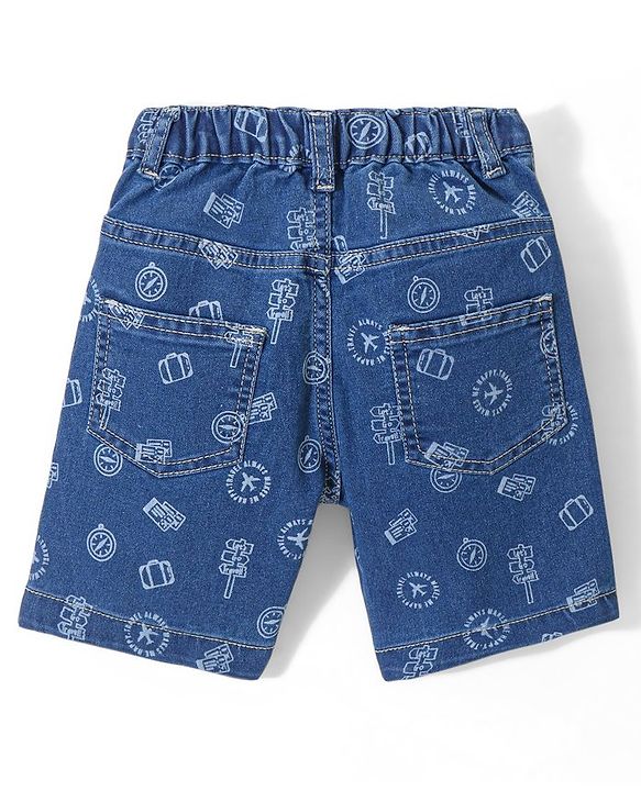 Babyhug Cotton Above Knee Length Washed Stretchable Denim Barmuda Aeroplane Print - Blue