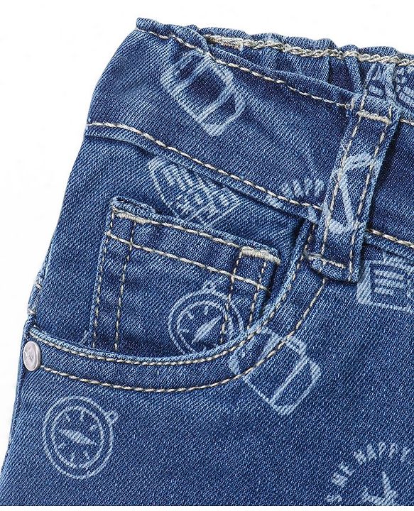 Babyhug Cotton Above Knee Length Washed Stretchable Denim Barmuda Aeroplane Print - Blue