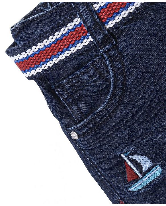 Babyhug Cotton Above Knee Length Washed Stretchable Denim Barmuda Boat Embroidery - Dark Blue