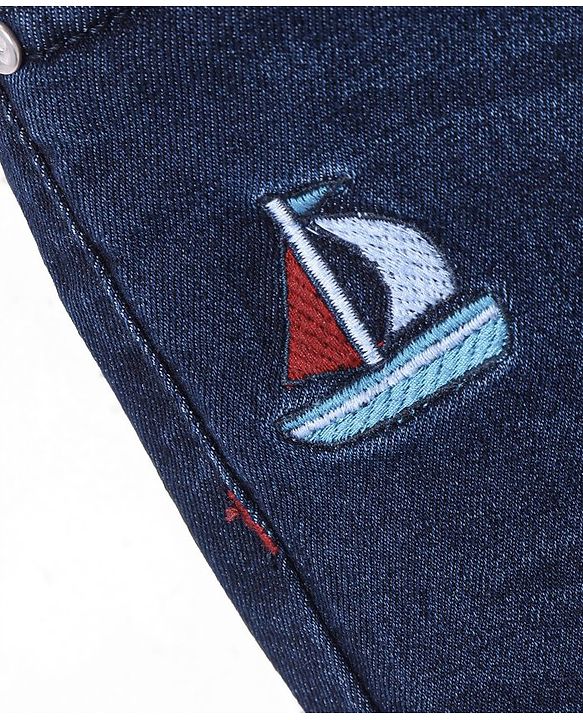 Babyhug Cotton Above Knee Length Washed Stretchable Denim Barmuda Boat Embroidery - Dark Blue