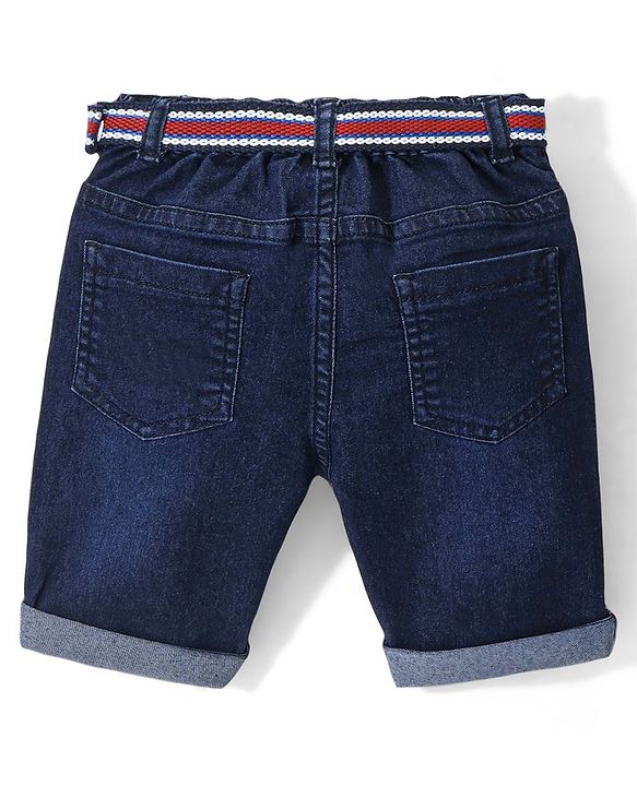 Babyhug Cotton Above Knee Length Washed Stretchable Denim Barmuda Boat Embroidery - Dark Blue