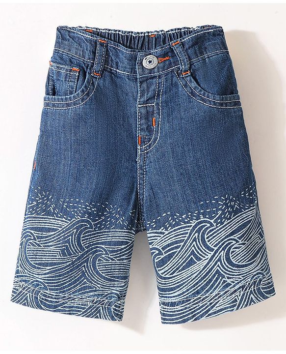 Babyhug Cotton Spandex Above Knee Length Stretchable Washed Denim Bermuda Wave Print - Blue