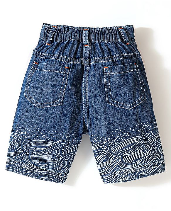 Babyhug Cotton Spandex Above Knee Length Stretchable Washed Denim Bermuda Wave Print - Blue