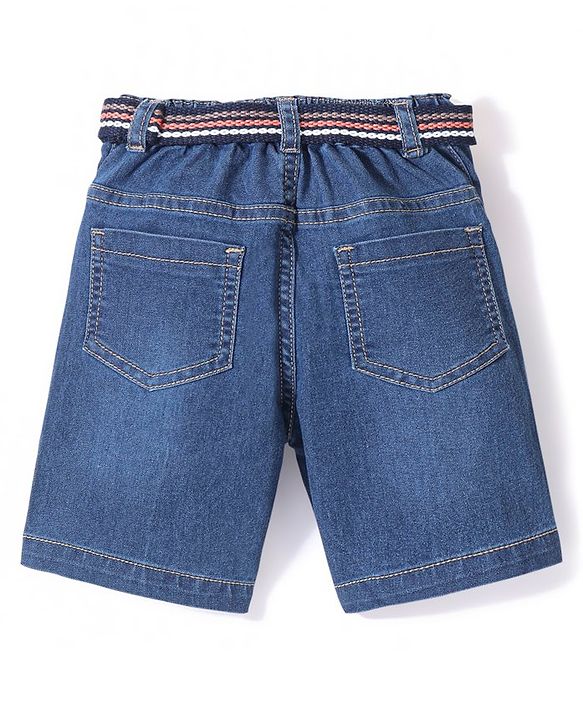 Babyhug Cotton Above Knee Length Solid Bermuda With Stretch & Belt- Blue