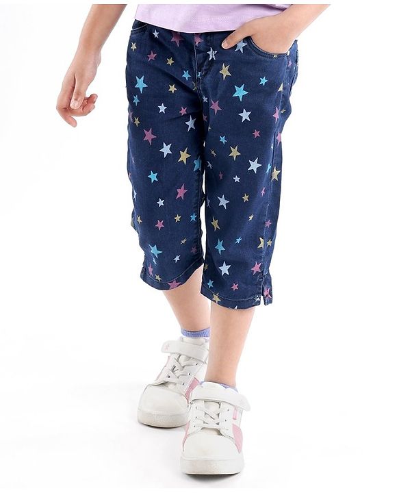 Babyhug Cotton Spandex Ankle Length Stretchable Washed Denim Capri Star Print - Blue