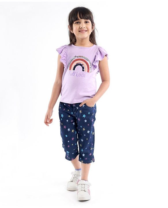 Babyhug Cotton Spandex Ankle Length Stretchable Washed Denim Capri Star Print - Blue