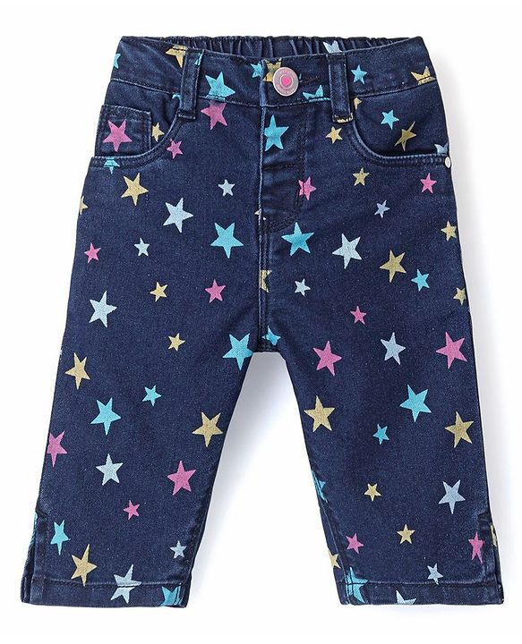 Babyhug Cotton Spandex Ankle Length Stretchable Washed Denim Capri Star Print - Blue