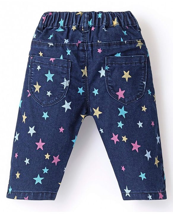 Babyhug Cotton Spandex Ankle Length Stretchable Washed Denim Capri Star Print - Blue