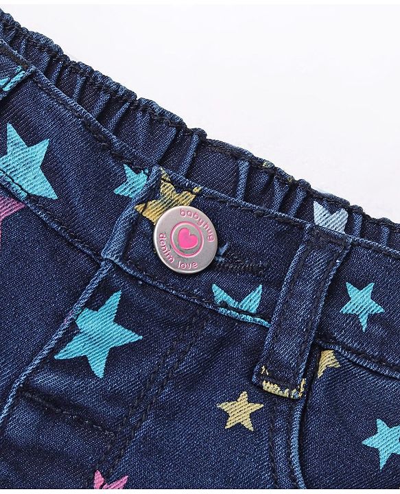 Babyhug Cotton Spandex Ankle Length Stretchable Washed Denim Capri Star Print - Blue
