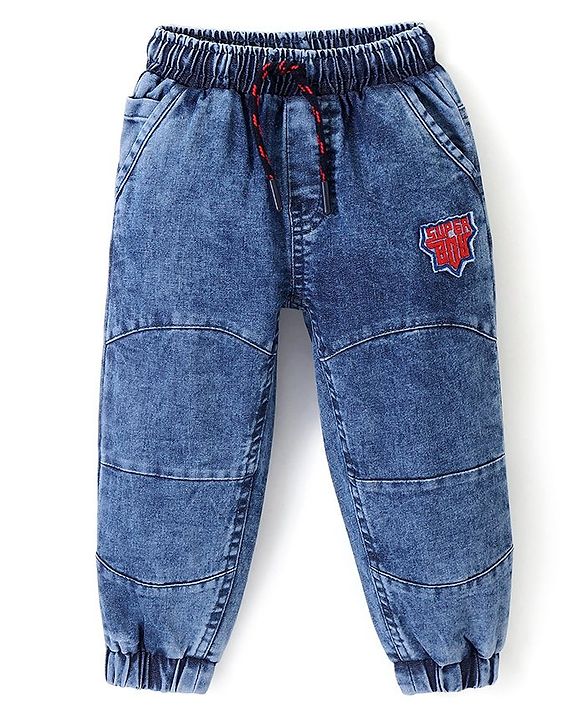 Babyhug Cotton Full Length Text Print Joggers With Stretch - Blue