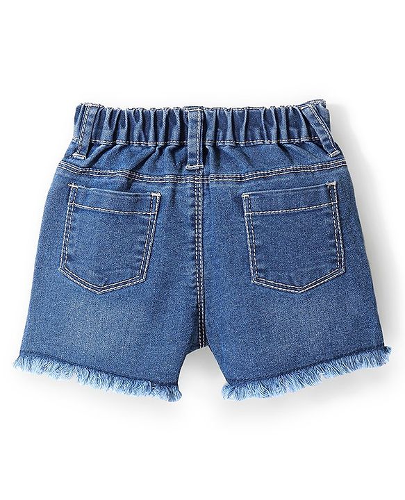 Babyhug Cotton Above Knee Length Stretchable Washed Denim Shorts Bird Embroidery - Blue