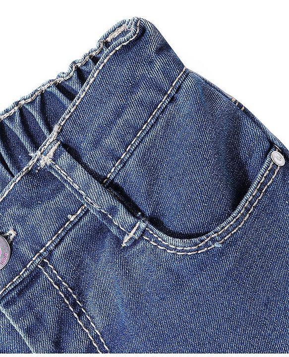 Babyhug Cotton Above Knee Length Stretchable Washed Denim Shorts Bird Embroidery - Blue
