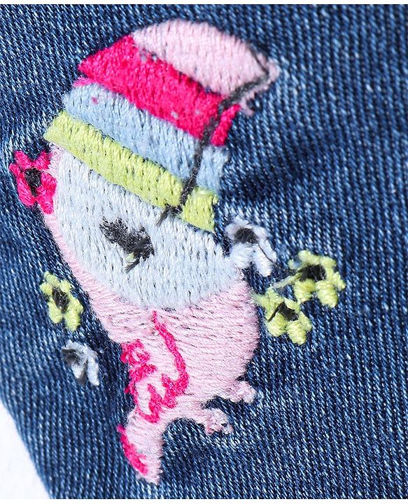 Babyhug Cotton Above Knee Length Stretchable Washed Denim Shorts Bird Embroidery - Blue