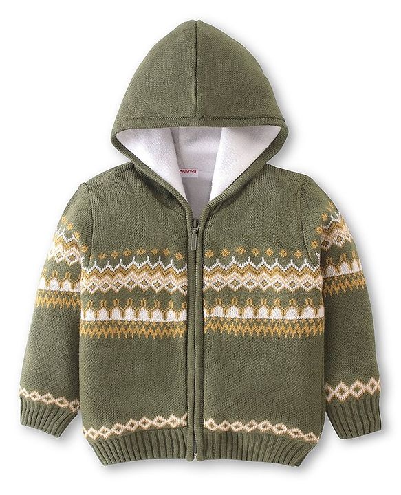 Babyhug Knit Full Sleeves Hooded Sweater Argyle Design - Olive Green