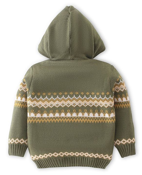 Babyhug Knit Full Sleeves Hooded Sweater Argyle Design - Olive Green
